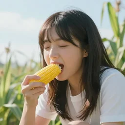 kawaii girl eating corn, epic cinematic still, dynamic perspective