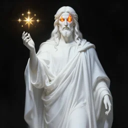 « full length portrait of the white - tailed jesus in a white robe and flame in eyes, seven stars in right hand, grim - lighting, high - contrast, intricate, elegant, highly detailed, digital painting, artstation, concept art, smooth, sharp focus, illustration »