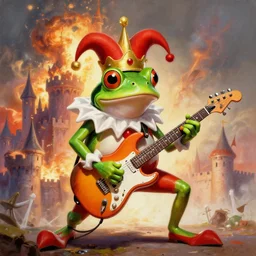 clown frog king, frog clown wearing the clown crown, clown world king shredding on an electric guitar in front of an exploding castle, painting by frank frazetta and wayne barlowe, 3 d rendering by beeple, directed by denis villeneuve, clean
