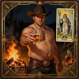 a dramatic, epic, ethereal painting with warm dark colors of a handsome thicc shirtless cowboy with a beer belly wearing a leather belt and hat offering you a drink | background is a late night campfire with food and jugs of  whisky | tarot card, art deco, art nouveau, homoeroticism | by Mark Maggiori | trending on artstation