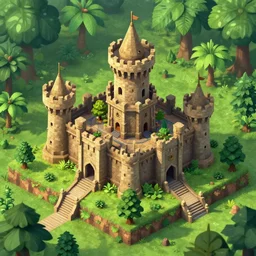 3 d medieval castle in a jungle with towers, 3 d, isometric, indie game