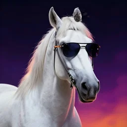 white horse wearing sunglasses, cyberpunk movie poster