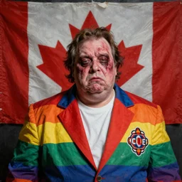 hyper realistic disgusting portrait of morbidly obese don cherry, studio photo still of sad don cherry old degenerate, horror rainbow suit, hockey night on cbc, huge dirty canada flag in background, portrait dnd, painting by gaston bussiere, craig mullins, greg rutkowski, yoji shinkawa