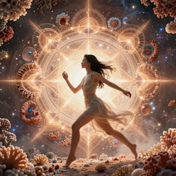 ridiculously beautiful young asian woman tripping by irakli nadar, several layers of 3 d coral and light fractals radiating behind with sacred geometry, cosmic, natural, awakening, symmetrical, in the style of ernst haeckel and alex grey, effervescent, warm, photo realistic, epic and cinematic