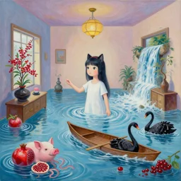 emo catgirl artist in her flooded apartment, painting of flood waters inside an artist's home, a river flooding indoors, pomegranates, pigs, ikebana, zen, water, octopus, river, rapids, waterfall, black swans, canoe, berries, acrylic on canvas, surrealist, by magritte and monet