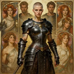 muscular young female warrior in dark leather armor with studs, shaved head, with tattoos, fantasy, art by joseph leyendecker, peter mohrbacher, ruan jia, finnian macmanus, marc simonetti, dean cornwell, ayami kojima, vasnetsov, cedric peyravernay, alphonse mucha