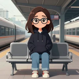 attractive cartoon woman, dark brown hair, glasses, wearing jeans and a hoodie, emo, symmetrical, waiting at a train station