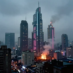 35mm atmospheric urban photographic landscape of Lima, Peru 20XX, Blade Runner 1982 city, futuristic dystopian megacity skyline with towering mega-skyscrapers, falling rain, neon, industrial fires and smog