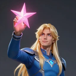 detailed photo of glowing blonde man with long hair, wearing blue future uniform, raising his right hand up to reveal seven pointed pink star, seven pointed pink star, seven pointed pink star, artstation, detailed