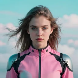 symmetry closeup portrait of a racer girl cyborg jumpsuit in clouds cinematic light windy teal pink by gerald brom by mikhail vr
