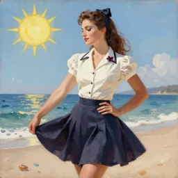 woman, dressed in pin up style, beach, sun, stylish, proportional, greg hildebrandt fancy rococo baroque regal oil painting high quality