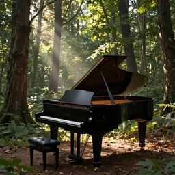 a grand piano in a beautiful forest,