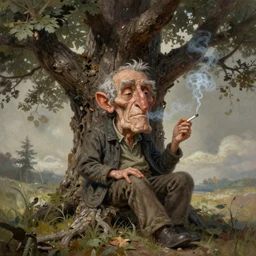 matt painting of an old tree called otton that has facial expressions, otton is smoking a cigarette, smoking particles, in high detail, accurate, fantasy illustration, trending on artstation, by frank robert dixon, fineartamerica