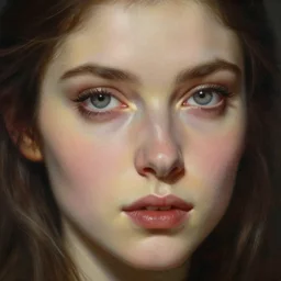 high quality extremely detailed closeup portrait of a young gorgeous female warlock looking away from the camera, grey eyes, sparkle in eyes, no hands visible, fantasy, d & d, intricate, painting by lucian freud and mark brooks, hd