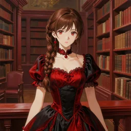 beautiful woman with braided brown hair, wearing an elegant dress, in a library, highly detailed, painting, red and black color palette, intricate, high quality anime artstyle, scenic view