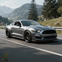 a car and driver magazine photo shot on swiss roads, a dark silver 2020 Mustang heavily modified and customized as a performance tune street racing, black rims, samurai vinyl wrap, cinematic lighting, art station, volumetric light, low angle camera, redshift render, octane render, art station