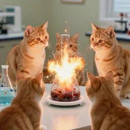 1 9 8 0's color photo, cute orange cats, supervising exploding laboratory experiment