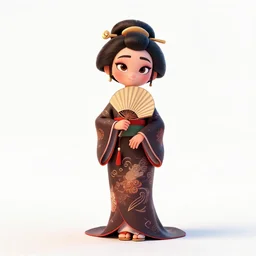 jovial geisha with fan, stylized pixar-style 3d render, full body, standing, isolated on a pure white background, centered, whole figure in frame, sharp focus, studio lighting