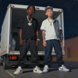 a painting of playboi carti and lil uzi vert standing on a truck by damon albarn, cel shaded, dynamic perspective, detailed facial features, rounded eyes, low light