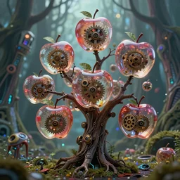 intricate mechanical transparent apples with visible gears inside, growing off a tree, on the background of a weird magical mechanical forest. Very detailed 8k. Fantasy cyberpunk horror. Sharp. Cinematic post-processing