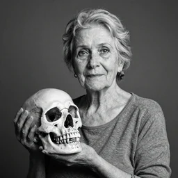 black and white portrait of an elderly woman holding a skull