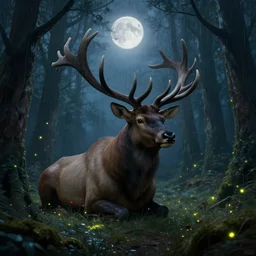 stormy night, created by jan urschel and sylvain sarrailh, the moonlight is hazy, and in the mysterious fantasy forest canyon, a huge and oversized elk remains, many fireflies, shimmering effects, realistic matte painting, cherry, concept art, western magic forest, trending on artstation