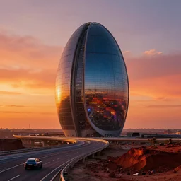 a bulbous zaha hadid space-station highway over passes, ilm, beeple, star citizen halo, mass effect, 2001 space odyssey, elysium, iron smelting pits, warm saturated colours, atmospheric perspective, dramatic sunset