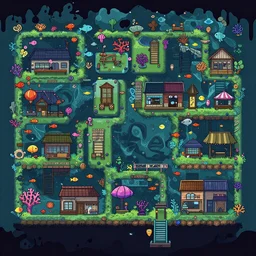 beautiful art for a 2d side scroller game set in a crowded post apocalyptic sea fairing town with lots of coral and fish inspired by night in the woods