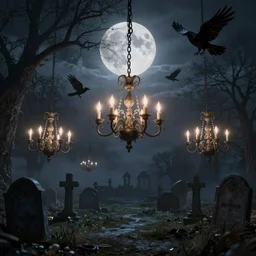 lit chandeliers falling in a graveyard, moonlight sky, haunting, ravens, ghostly vibe
