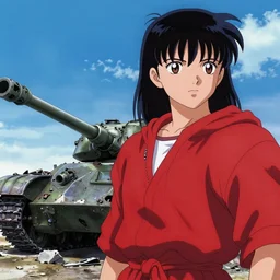 a scene of destroyed tanks and a close up of tetsuo with red cape from akira, vibrant colors and hard shadows and strong rim light, comic cover art, plain background, trending on artstation, in the style of katsuhiro otomo greg rutkowski alphonse mucha