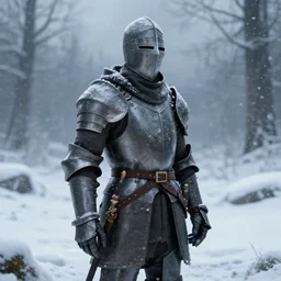 alessandro pigozzi, a man dressed as a knight, in a beautiful snowy landscape, snowing, low light, ultra realistic, small details, real engine 5, lumen