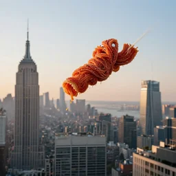 flying spaghetti monster, above busy city, skyscrapers, light of dawn, professional photography, mild depth of field, cinematic lighting, 8 k