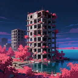 a beautiful hyperdetailed illustration of unfinished building underground house city abandoned architecture urbex by edward hopper, infrared retrowave magic realism nightsky thermal vision lake sea synthwave vaporwave anime at dawn flowers, archdaily, wallpaper, highly detailed, trending on artstation.