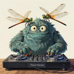 a giant DJ mixer monster artwork by Tomer Hanuka Rendering with an giant dragonfly fighting with it. full of details, by Makoto Shinkai and thomas kinkade, Matte painting, trending on artstation and unreal engine
