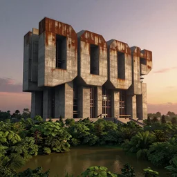 an extremely detailed building, brutalist architecture, titanic in size, surrounded by lush green forest and murky ponds of water, stunning volumetric lighting, sunset, rusted steel, smooth solid concrete, stunning skies, trending on Artstation, 8k, photorealistic, hyper detailed, unreal engine 5, IMAX quality, cinematic, epic lighting, in the style of the game DOOM, by Greg Rutkowski