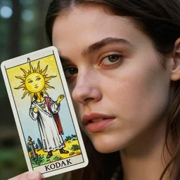 Kodak Portra 400, 8K, highly detailed, major arcana tarot sun style 3/4 extreme closeup portrait, eye contact, focus on girl model, tilt shift tarot style forest background: famous major arcana tarot movie remake, transformation scene