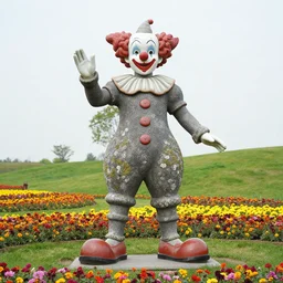 clown statue colossus textured in color lichen stands in flower garden on hills by henri rousseau masterpiece shadows and highlights mucha beksinski detailed laughing