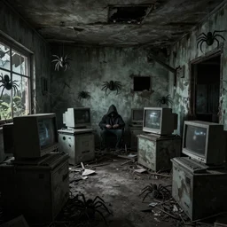 An abandoned room with old computers. This place is really scary. There are spiders and an old hacker in the room Highly detailed. 8k. Fantasy horror