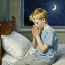 painting of a blonde boy with blue eyes praying next to his bed that god will answer his prayers, crescent moon is visible outside his window, by Norman Rockwell,
