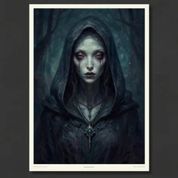 a painting of a hooded creature with a necklace, poster art by ben templesmith, trending on cgsociety, fantasy art, wiccan, lovecraftian, mystical