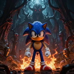 eldritch horror Sonic the Hedgehog, twisted lovecraftian cosmic fear, silent hill, Sonic, burning