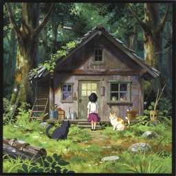 a professionally painted realistic anime vhs film cover for a film by yuji ikehata and satoshi kon, of a lonely vampire woman learning how to live in an old homely cottage by herself in the middle of the woods with only an old scruffy cat as a friend, old vintage vhs, scan lines, grainy quality, real anime, realistic, peaceful, lighthearted