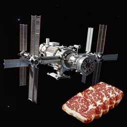 a space station made from metal and Italian sliced meat on the background of deep space, matte painting with photorealistic elements pasted in