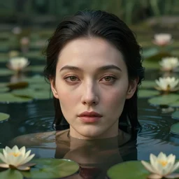 hyperrealistic cinematic 3 d close up portrait of a woman's head and shoulders floating in a pond, detailed facial features, surrounded by a forrest of lillies, deep focus, intricate, elegant, by bill henson and gregory crewdson and james jean