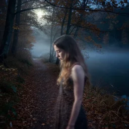 a double exposure of a beautiful side view portrait from above of a mystical young woman looking down, apparition, transparent, ghostly, motion blur, with a landscape photo of an autumn misty night forest, forest trail, lake, dappled moonlight
