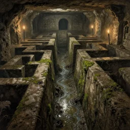 inside the endless maze of ancient flooded sewers in the old part of the city. fantasy art, underground, adventure, wet, standing water, channel, canal, muck, mud, stagnant water, stream, channel, musty, moss, sewage, darkness, underground, catacombs, ossuary, abandoned spaces, torchlight. engraving by piranesi and william roger dean.