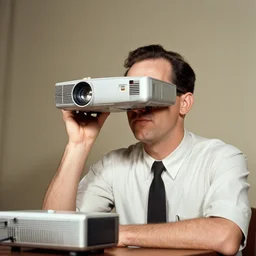 man with projector head, 1960 photograph