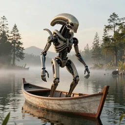 a detailed RPG portrait of a robotic xenomorph sailing on an Indonesian fishing boat, in a calm reflective lake surrounded by cypress trees, by escume, mist, octane render, golden hour hues, deviantart, 24mm lens, lightning arc plasma, humanoid GUNDAM mecha by Mamoru Nagano, delicate decoration by James Jean, moebius, rococo, GUNDAM, five star stories, samurai armor, mortar heads, mech suit, full body armor, lamellar armor, unreal engine, octane render, ultra detailed, trending on artstation