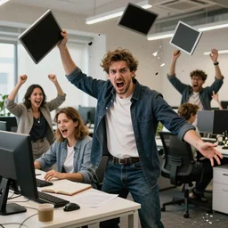 unhappy advertising people throwing computers, screaming yelling, smashing things in their wework office. high resolution color magazine candid photograph.