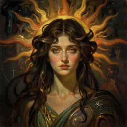stunning, breathtaking, awe-inspiring award-winning concept art nouveau painting of attractive Ashley Liao as the goddess of the sun, with anxious, piercing eyes, by Alphonse Mucha, Michael Whelan, William Adolphe Bouguereau, John Williams Waterhouse, and Donato Giancola, cyberpunk, extremely moody lighting, glowing light and shadow, atmospheric, shadowy, cinematic, 8K